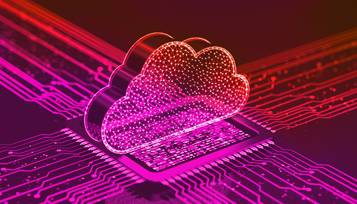 abstract cloud sitting on a computer chip with motherboard traces running from it