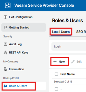 Screenshot Of The Veeam Service Provider Console Roles &Amp; Users Page Highlighting The Roles &Amp; Users Menu, The Local Users Tab, And The + New Button Used To Open The New User Wizard.