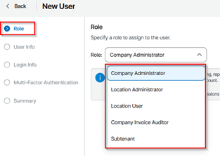 New User Wizard In The Veeam Service Provider Console Showing The Role Step Selected, With The Role Drop‑Down List Expanded And Available Roles Such As Company Administrator, Location Administrator, Location User, Company Invoice Auditor, And Subtenant Visible.