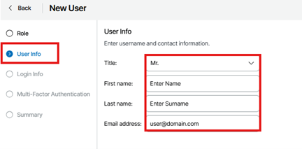 New User Wizard In The Veeam Service Provider Console Showing The User Info Step Selected, With Fields For Title, First Name, Last Name, And Email Address Displayed For Completion.