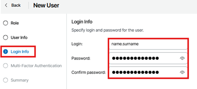 New User Wizard In The Veeam Service Provider Console Showing The Login Info Step Selected, With Fields For Login, Password, And Confirm Password Displayed For User Credential Configuration.