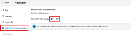 New User Wizard In The Veeam Service Provider Console Showing The Multi‑Factor Authentication Step Selected, With The Mandatory Mfa Usage Toggle Visible And Set To Off.