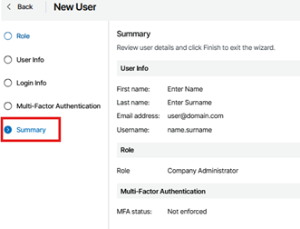 New User Wizard In The Veeam Service Provider Console Showing The Summary Step Selected, Displaying A Review Of User Information, Assigned Role, And Multi‑Factor Authentication Status Before Selecting Finish.