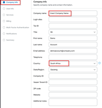 Company Information Screen For Creating A New Tenant, Showing Fields To Enter A Company Name And Select A Country. The Company Info Step Is Highlighted, With ‘Insert Company Name’ And ‘South Africa’ Emphasized Before Proceeding To The User Info Section.