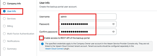 User Info Section Of The Veeam Service Provider Console Tenant Creation Wizard, Displaying Fields For Username, Password, And Password Confirmation, With An Optional Checkbox To Enable Rest Api Access And The User Info Step Selected In The Navigation Panel.