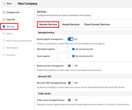 Services Section Of The Veeam Service Provider Console Company Setup Wizard, Showing The Remote Services Tab With Options To Enable Backup Agents Management, Set Workstation And Server Agent Limits, Manage Backup Servers, And Configure Microsoft 365 And Public Cloud Managed Backup Services.