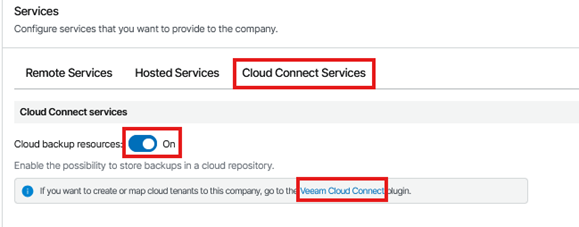 Cloud Connect Services Section Of The Veeam Service Provider Console Company Setup Wizard, Displaying The Cloud Backup Resources Option Enabled To Allow Storage Of Customer Backups In The Service Provider’s Cloud Repository, With A Reference To The Veeam Cloud Connect Plugin.