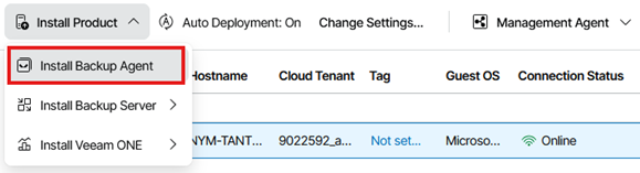 Veeam Service Provider Console Toolbar Showing The Install Product Menu Expanded, With The Install Backup Agent Option Highlighted In The Dropdown List.