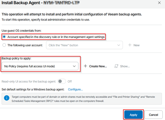 Install Backup Agent Window In The Veeam Service Provider Console Showing Guest Os Credential Options And The Backup Policy To Apply Field Set To No Policy, With The Apply Button Highlighted To Proceed.