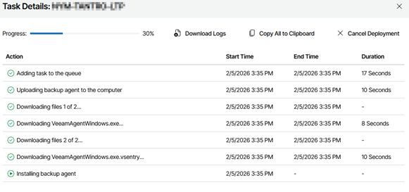 Task Details Window In The Veeam Service Provider Console Showing The Backup Agent Deployment Progress, With A Progress Indicator At 30 Percent And A List Of Actions Such As Uploading Files, Downloading The Agent Installer, And Installing The Backup Agent.