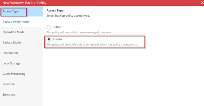 New Windows Backup Policy Wizard Showing The Access Type Step Selected, With The Private Access Option Highlighted, Indicating That The Policy Will Be Visible Only To Assigned Companies.