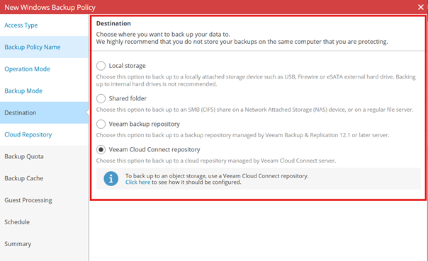 New Windows Backup Policy Wizard Showing The Destination Step Selected, With Veeam Cloud Connect Repository Highlighted And Selected As The Backup Destination Option.
