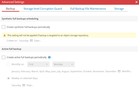 Advanced Settings Window In The New Windows Backup Policy Wizard Showing The Backup Tab Selected, With Options For Synthetic Full Backup Scheduling And Active Full Backup Scheduling Displayed.