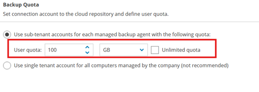 New Windows Backup Policy Wizard Showing The Backup Quota Step Selected, With The Option To Use Sub‑Tenant Accounts Enabled And The User Quota Set To 100 Gb.
