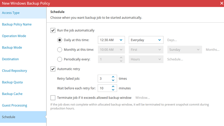 New Windows Backup Policy Wizard Showing The Schedule Step Selected, With The Job Configured To Run Automatically On A Daily Schedule At 12:30 Am And Automatic Retry Options Enabled.