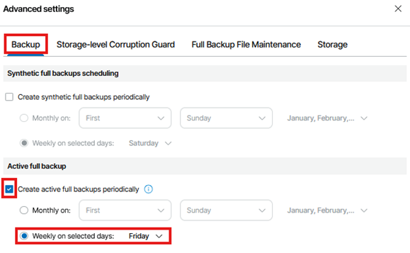 Advanced Settings Window Showing The Backup Tab Selected, With Options For Scheduling Synthetic Full Backups And Active Full Backups, Including An Active Full Backup Scheduled Weekly On Friday.