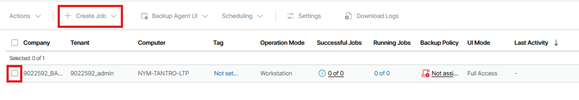 Veeam Service Provider Console Backup Jobs Page Showing A Listed Computer Selected By Checkbox, With The Create Job Button Highlighted In The Toolbar To Start Creating A New Backup Job.