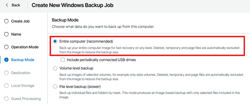 Create New Windows Backup Job Wizard Showing The Backup Mode Step Selected, With The Entire Computer Option Highlighted And Selected As The Recommended Backup Type.