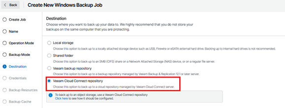 Create New Windows Backup Job Wizard Showing The Destination Step Selected, With The Veeam Cloud Connect Repository Option Highlighted And Selected As The Backup Destination.