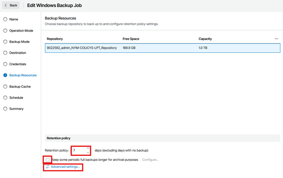 Edit Windows Backup Job Wizard Showing The Backup Resources Step Selected, With A Cloud Repository Chosen, Retention Policy Set To 7 Days, The Option To Keep Periodic Full Backups Displayed, And The Advanced Settings Link Highlighted.