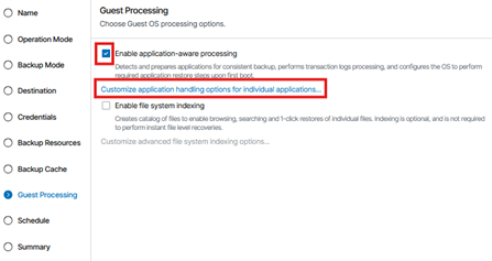 Edit Windows Backup Job Wizard Showing The Guest Processing Step Selected, With Enable Application‑Aware Processing Checked And The Customize Application Handling Options For Individual Applications Link Highlighted.