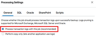 Processing Settings Window Showing The General Tab Selected, With The Process Transaction Logs With This Job (Recommended) Option Highlighted And Selected.