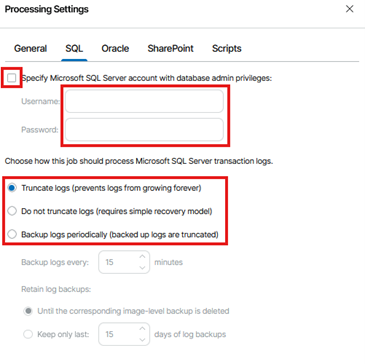 Processing Settings Window Showing The Sql Tab Selected, With Options To Specify Microsoft Sql Server Credentials And Transaction Log Processing Settings, And The Truncate Logs Option Highlighted And Selected.