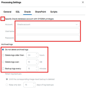 Processing Settings Window Showing The Oracle Tab Selected, With Fields To Specify An Oracle Database Account With Sysdba Privileges And Archived Log Handling Options Displayed, Including The Do Not Delete Archived Logs Setting Selected.