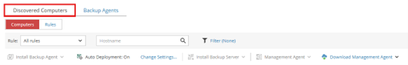 Veeam Service Provider Console Showing The Discovered Computers Tab Selected Under Backup Agents, With Toolbar Options Visible For Installing The Backup Agent, Auto Deployment Enabled, Management Agent Actions, And The Download Management Agent Option Displayed.