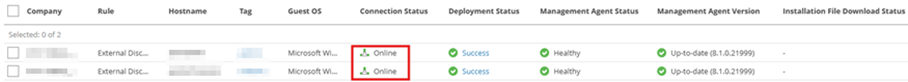 Veeam Service Provider Console Discovered Computers List Showing Two Detected Windows Computers, Both With A Connection Status Of Online, Successful Deployment Status, Healthy Management Agent Status, And Up‑To‑Date Management Agent Versions Displayed In The Table.