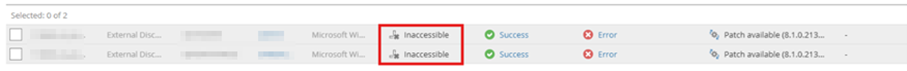 Veeam Service Provider Console Discovered Computers List Showing Two Detected Windows Computers With A Connection Status Of Inaccessible, Successful Deployment Status, Error Indicated For The Management Agent Status, And A Patch Available Message Displayed In The Management Agent Version Column.
