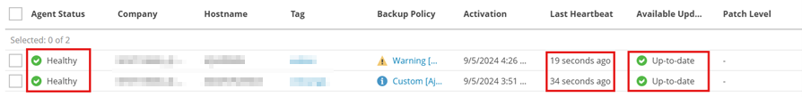 Veeam Service Provider Console Backup Agents List Showing Two Backup Agents With A Healthy Agent Status, Recent Last Heartbeat Timestamps Displayed In Seconds, And The Available Update Status Indicated As Up‑To‑Date For Both Entries.