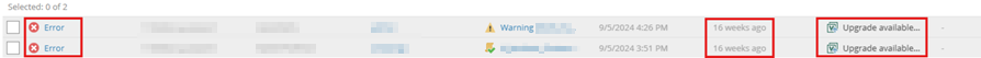 Veeam Service Provider Console Backup Agents List Showing Two Backup Agents With An Error Status, Outdated Last Heartbeat Timestamps Measured In Weeks, And An Upgrade Available Notification Displayed For Both Agents.